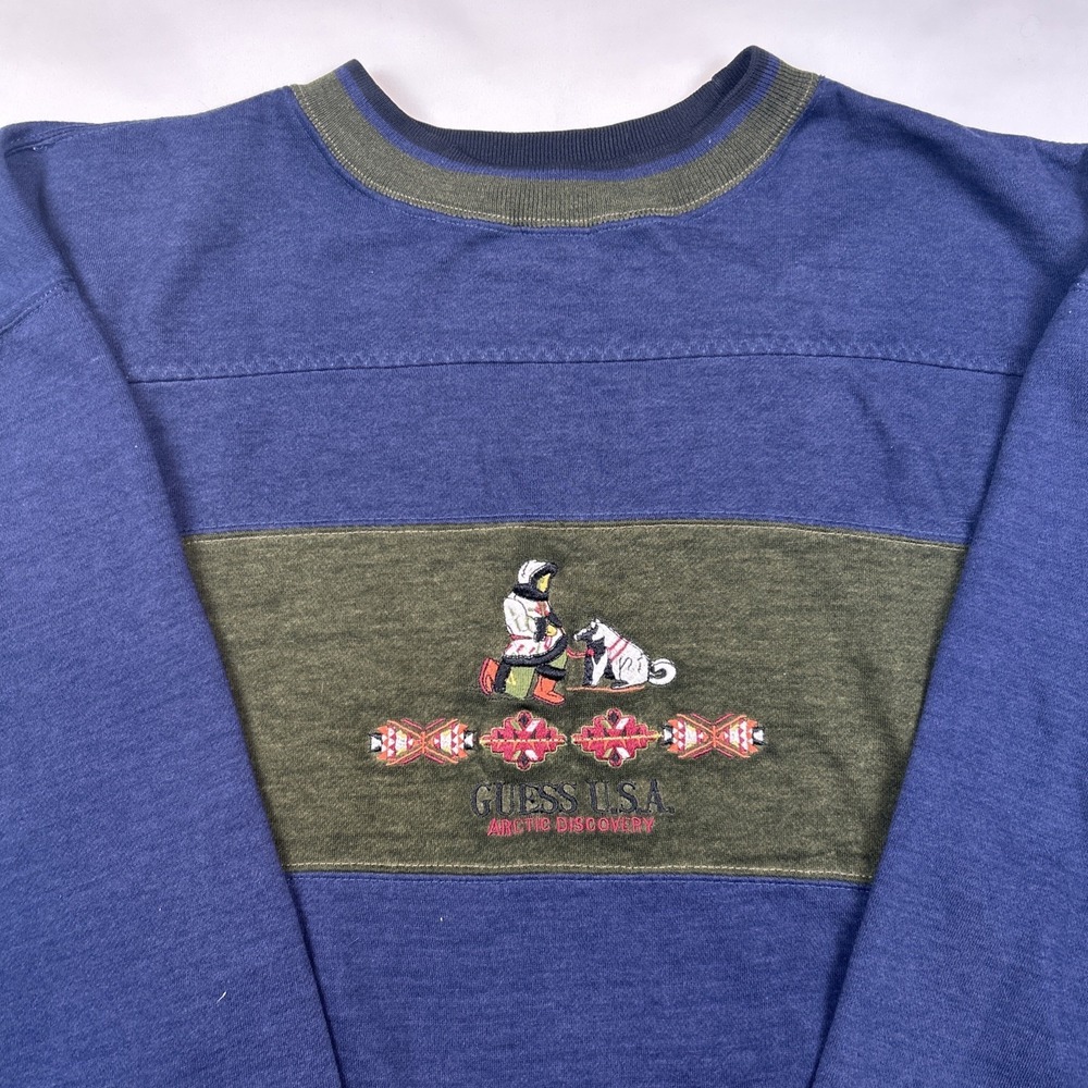 VTG Guess USA Mens L Sweater Arctic Discovery Pullover Sweatshirt Crewneck Blue